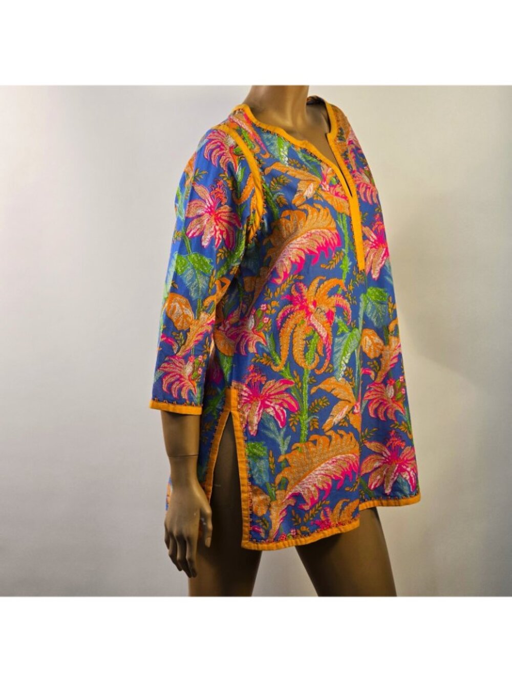 Gretchen Scott Resortwear Split Neck Tropical Pullover Tunic 3/4 Sleeve Sz L - Picture 5 of 13